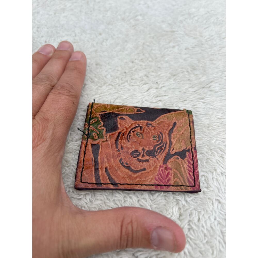 Leather Wallet Black Brown Green Embossed Tigers Multi Pocket Coin Purse India - Picture 7 of 8
